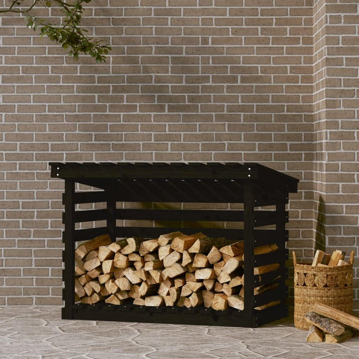 Étagère à bois de cheminée noire en pin massif - 108 x 73 x 79 cm - Avec espace de rangement pour bois de chauffage