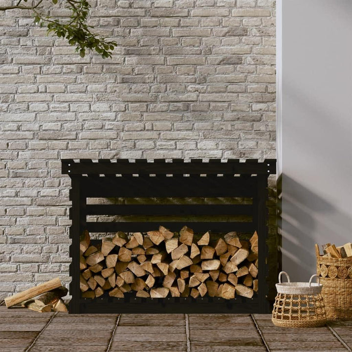 Étagère à bois de cheminée noire en pin massif - 108 x 73 x 79 cm - Avec espace de rangement pour bois de chauffage